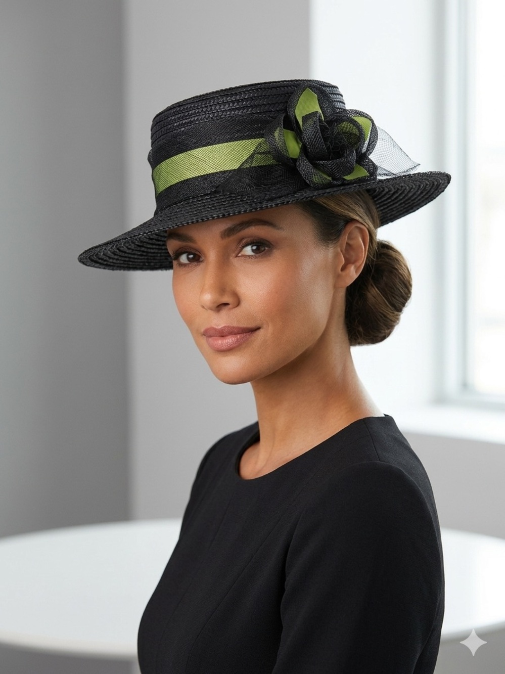 Betmar New York Black Straw Cloche Hat w/ Lime Green Floral Trim